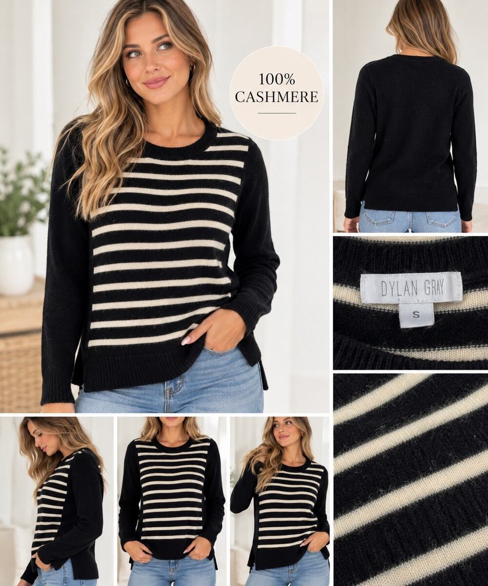 Dylan Gray Women’s 100% Cashmere Black/Beige Striped Knit Crewneck Sweater L